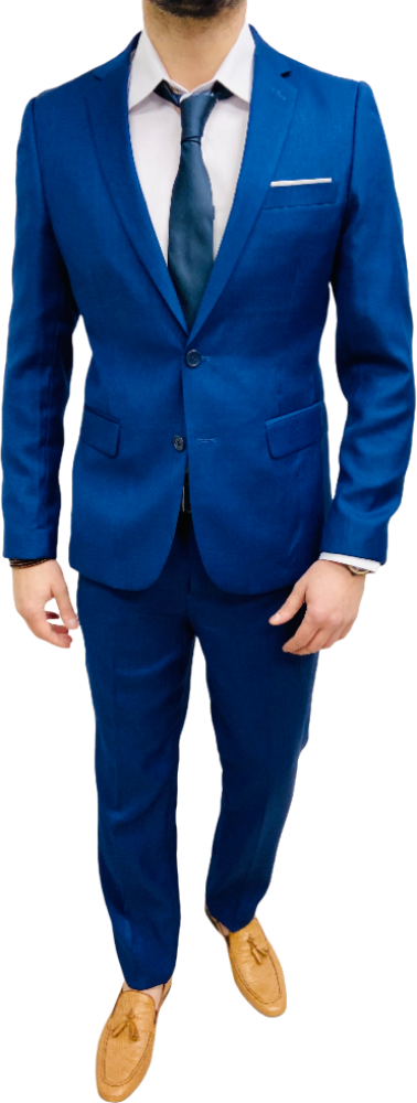 Costume homme bleu roi avec pochette blanche