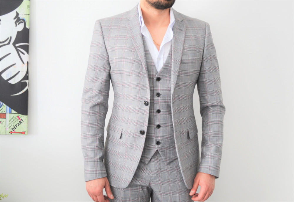 Costume homme gris a carreaux écossai slim 3 pièces