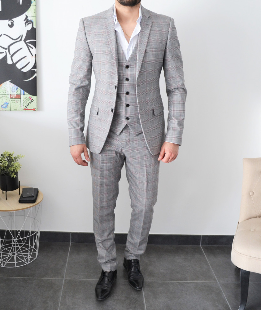 Costume homme gris a carreaux écossai slim 3 pièces