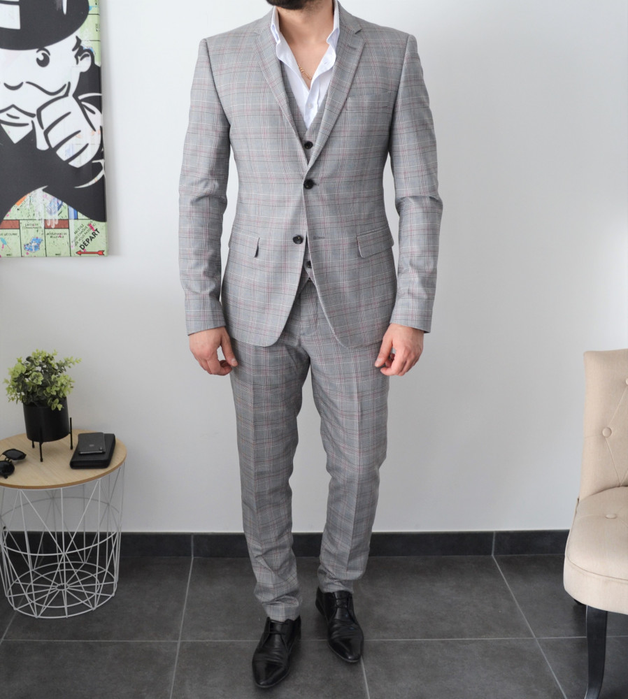 Costume homme gris a carreaux écossai slim 3 pièces