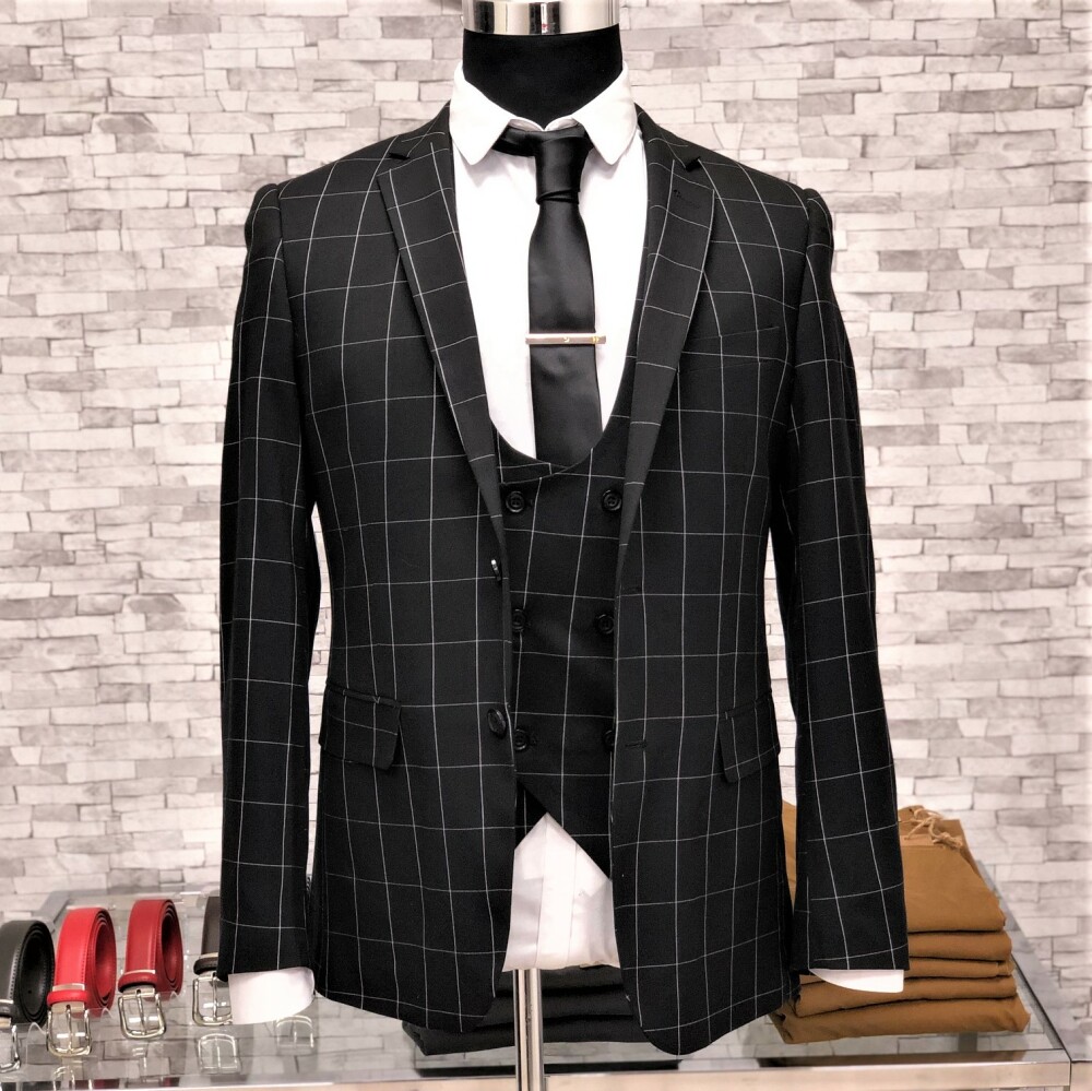 Costume homme slim noir à carreaux 3 pièces