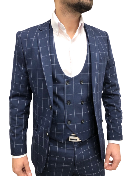 Costume homme slim bleu à carreaux 3 pièces