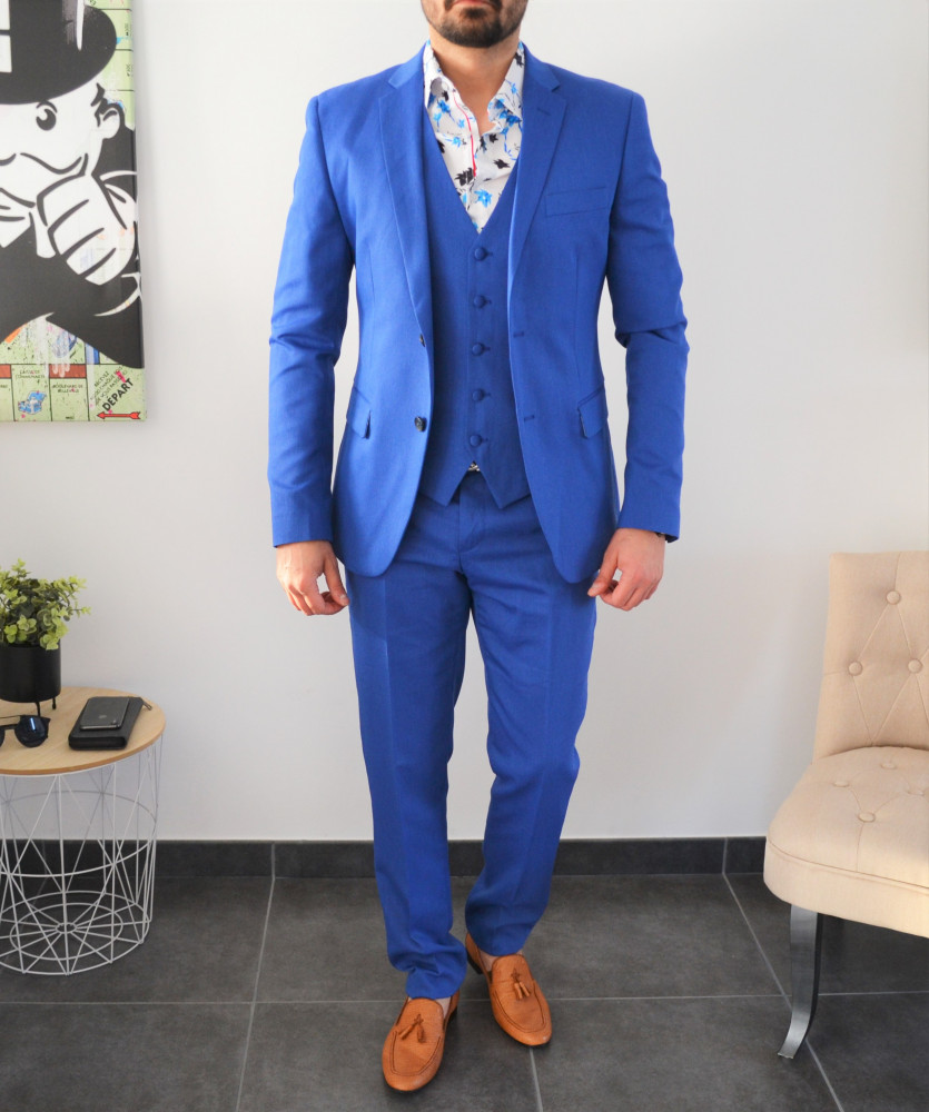 costume homme bleu electrique slim 3 pièces avec gilet
