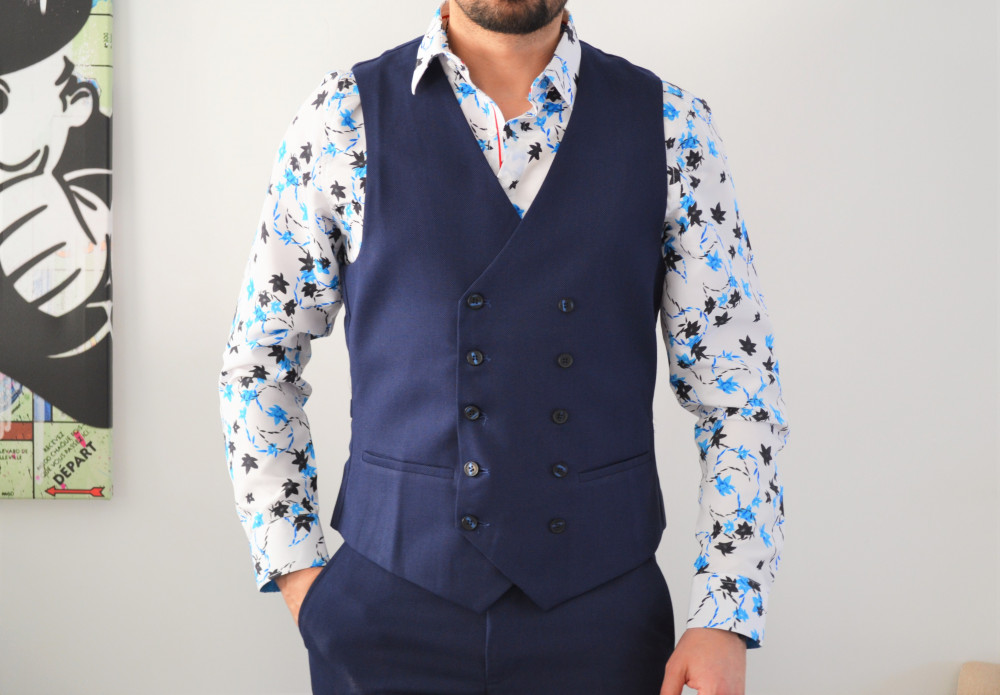 Costume homme slim bleu marine avec gilet croisé