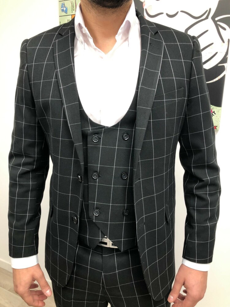 Costume homme slim noir à carreaux 3 pièces