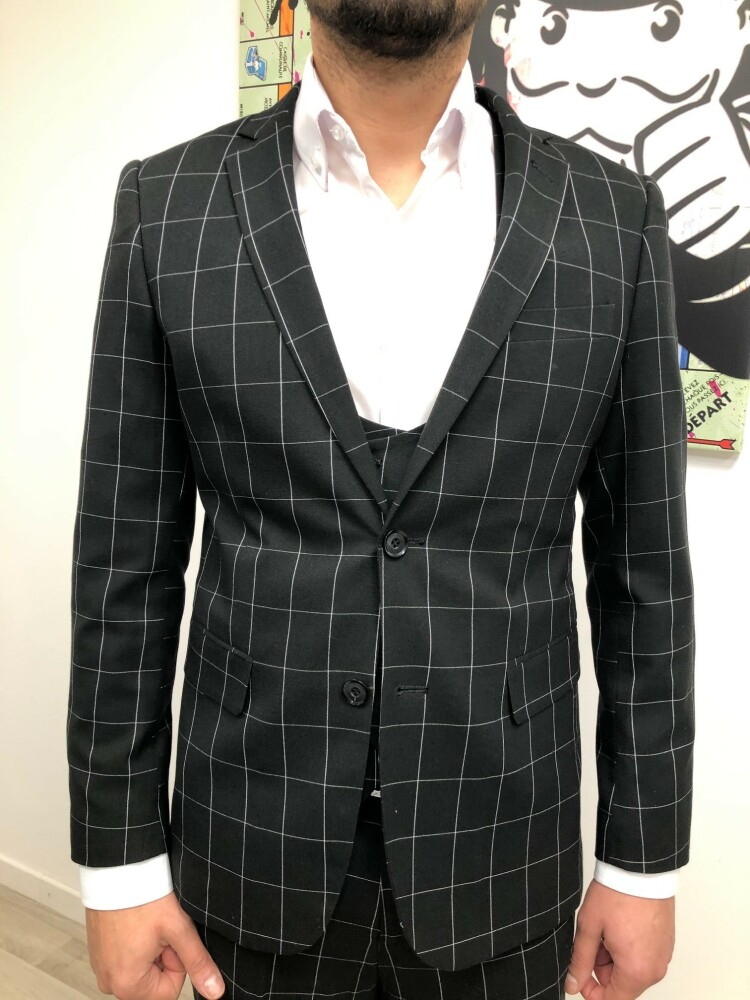 Costume homme slim noir à carreaux 3 pièces