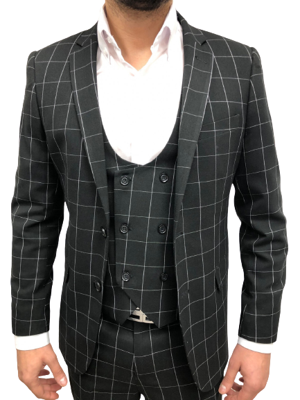 Costume homme slim noir à carreaux 3 pièces