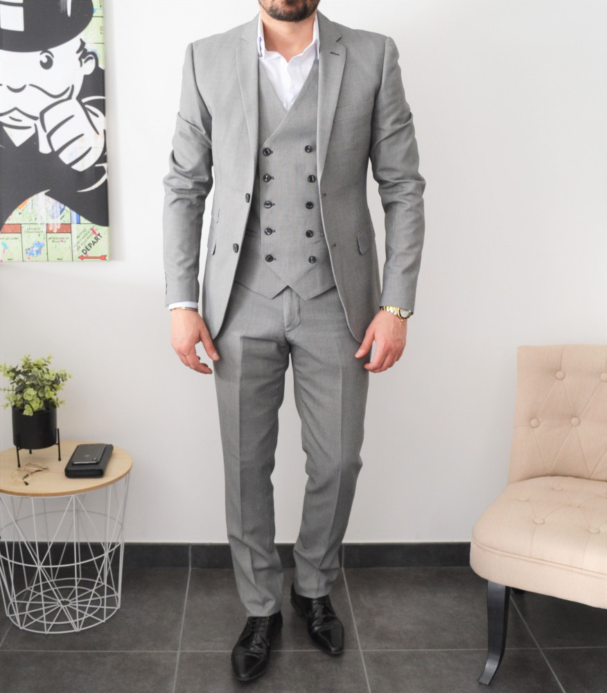 Costume slim gris piqué avec gilet