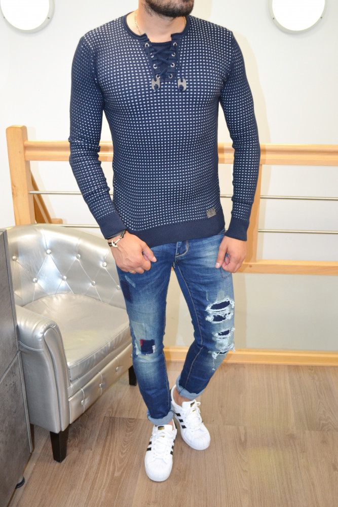 Pull homme bleu marine