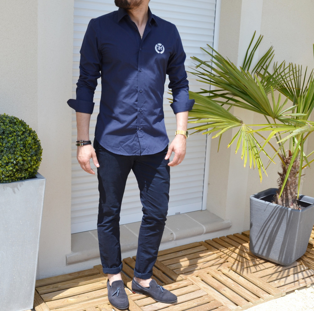 Chemise emporio milano bleu marine slim fit avec logo