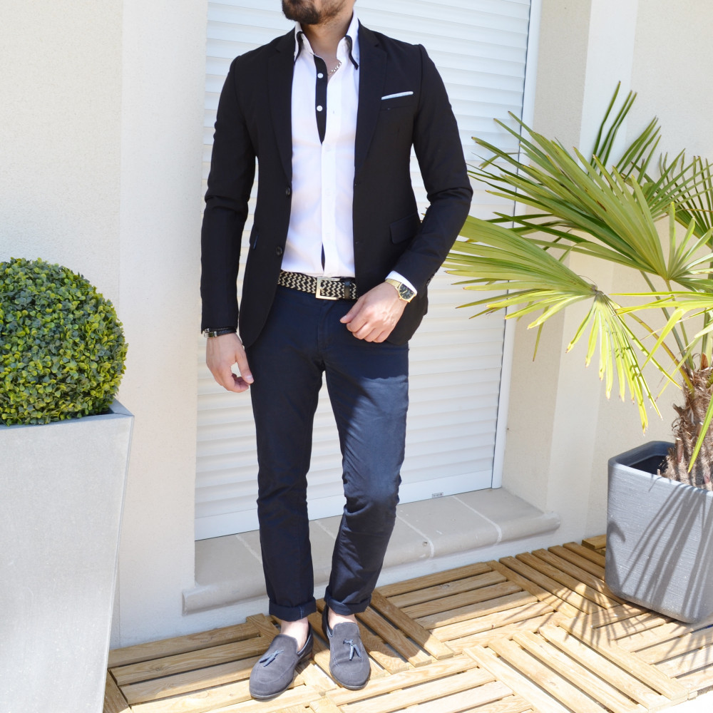 Blazer slim noir avec pochette