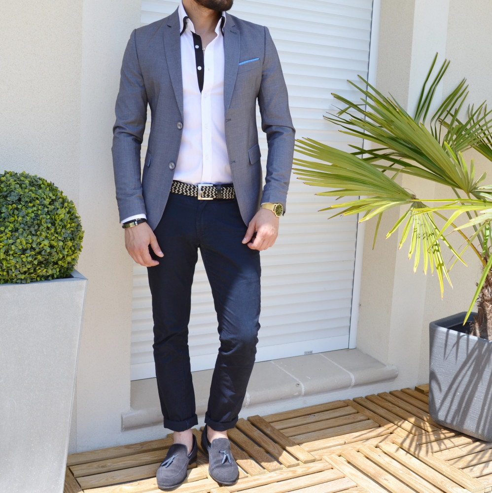 Blazer slim gris avec pochette