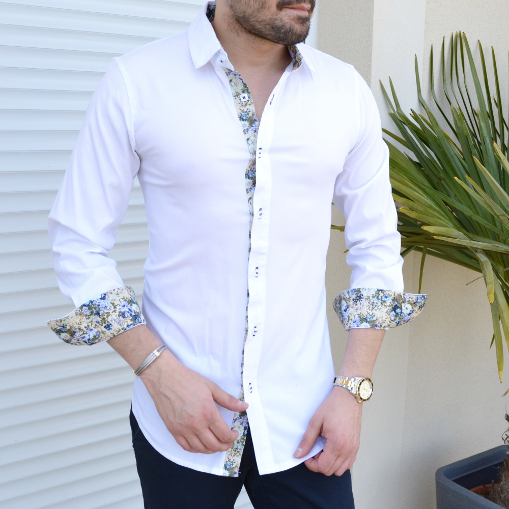 Chemise homme blanche et fleurs extra slim