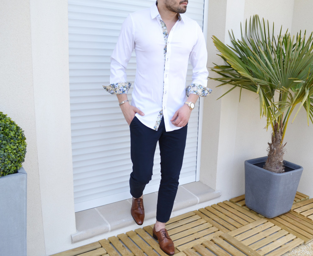 Chemise homme blanche et fleurs extra slim