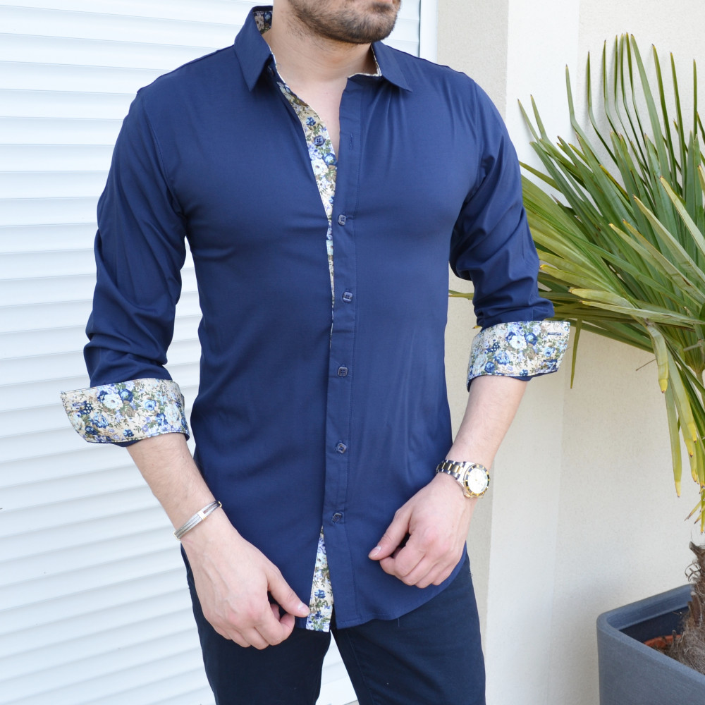 Chemise homme bleu et fleurs extra slim