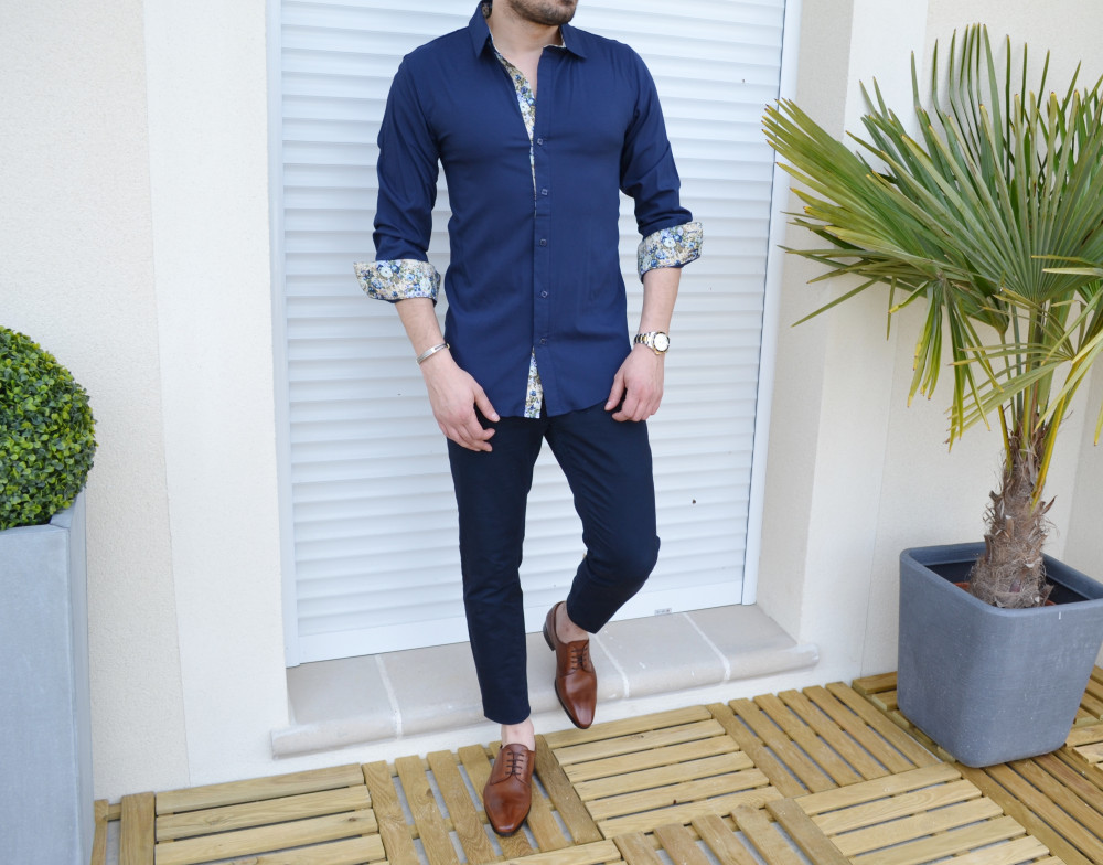 Chemise homme bleu et fleurs extra slim