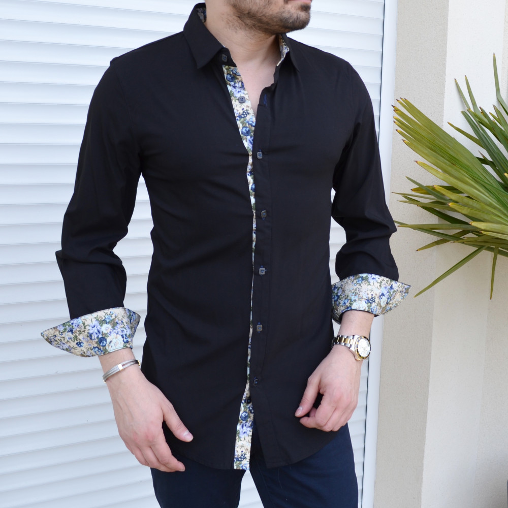 Chemise homme noire et fleurs extra slim