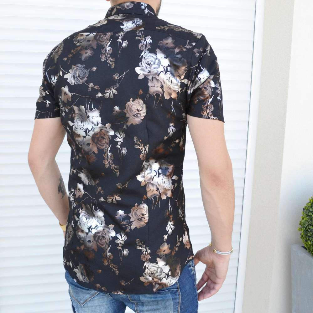 Chemise manches courtes noire slim a fleurs