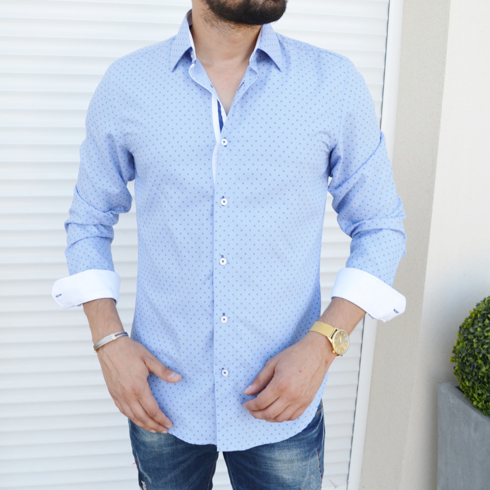 Chemise homme bleu ciel slim a petits ronds