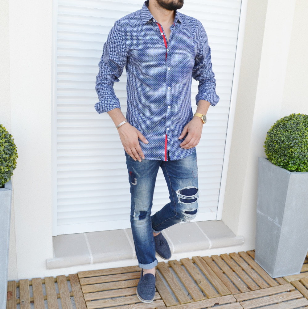 Chemise bleu imprimé avec bande satin slim