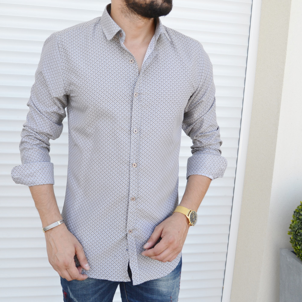 Chemise homme beige slim a petits motifs