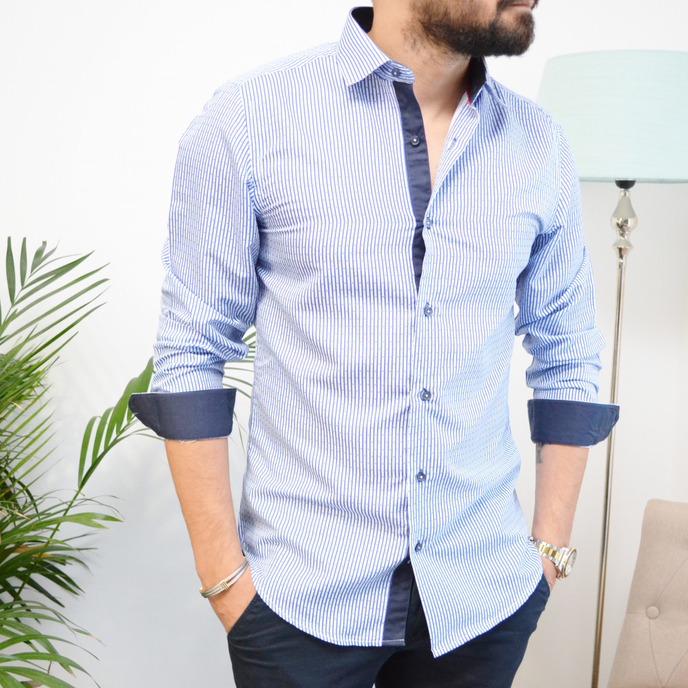 chemise homme bleu ciel à fine rayures slim fit