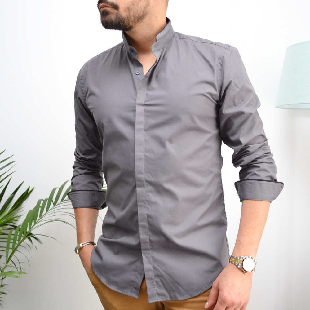 chemise homme grise slim avec col mao