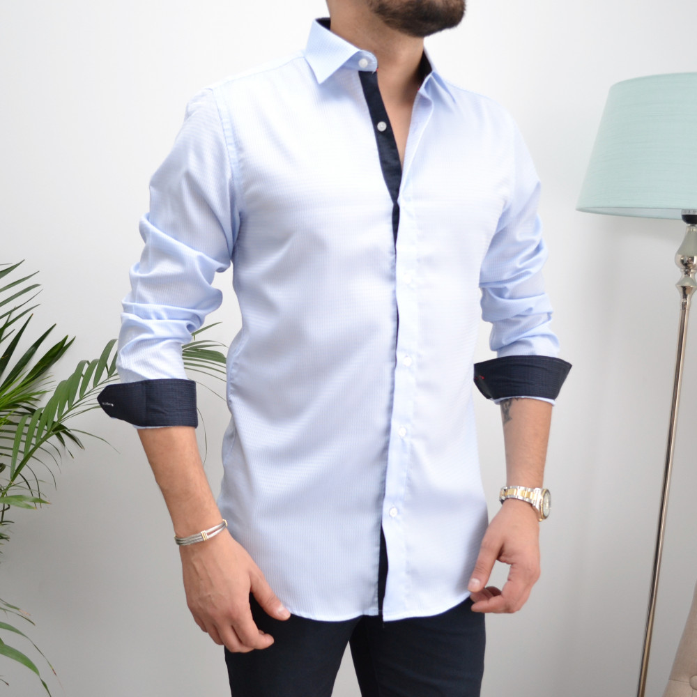 chemise homme bleu ciel slim vichy ton sur ton