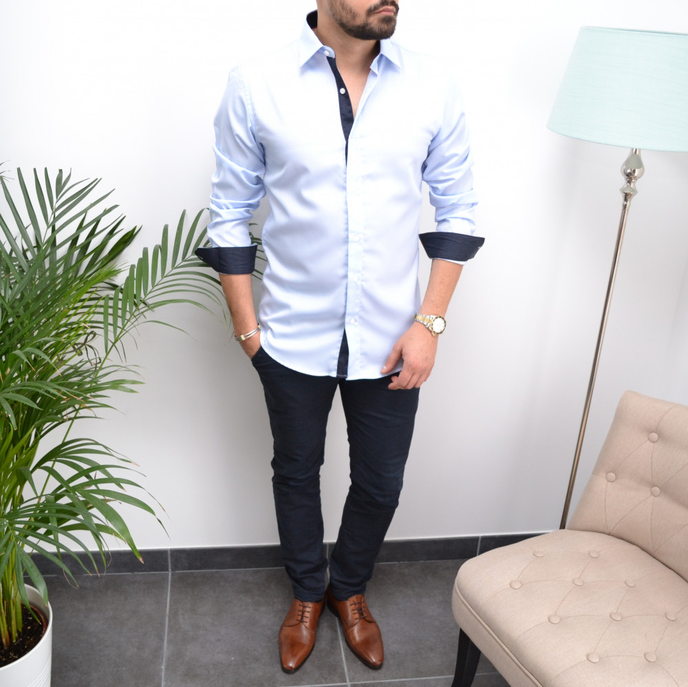 chemise homme bleu ciel slim vichy ton sur ton