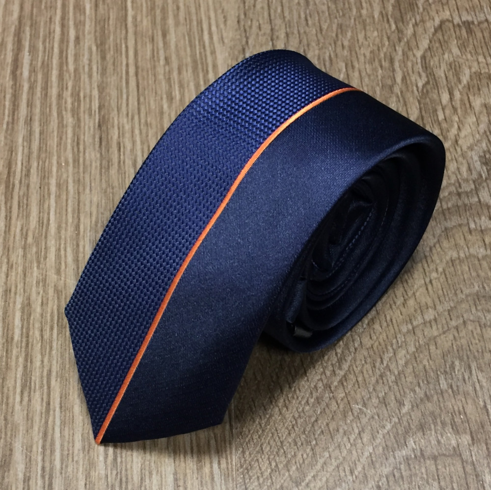 Cravate bleu bi matière et fine bande