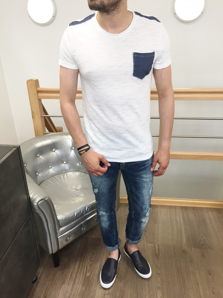 T-shirt homme blanc à poche bleu