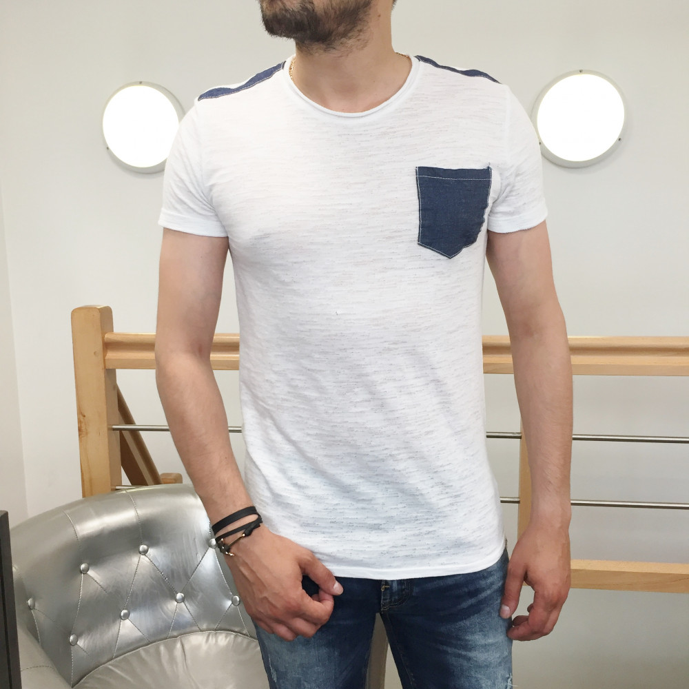 T-shirt homme blanc à poche bleu