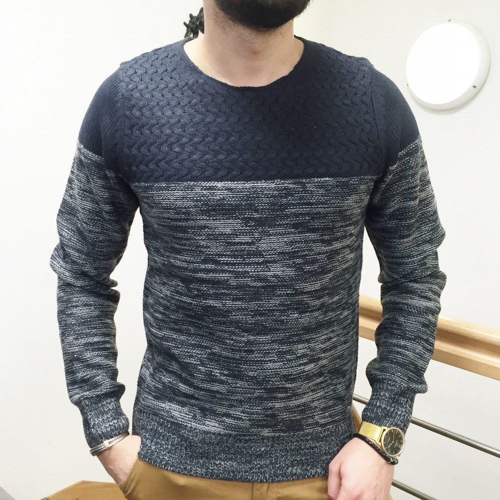 Pull homme bleu chiné et gris