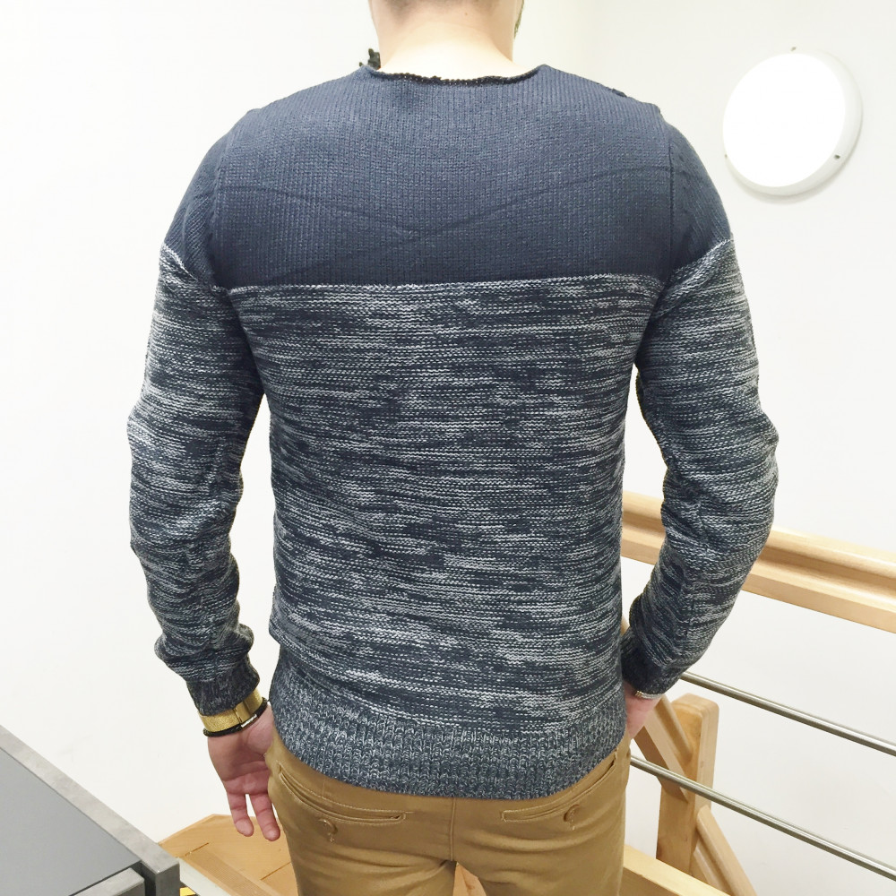 Pull homme bleu chiné et gris