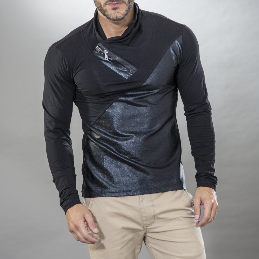 T-shirt homme slim noir col zip