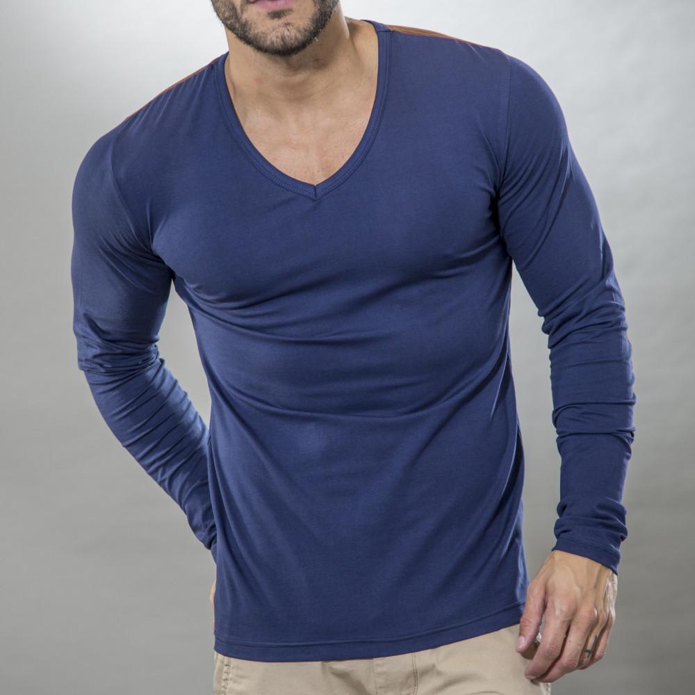 T-shirt homme bleu à coudières