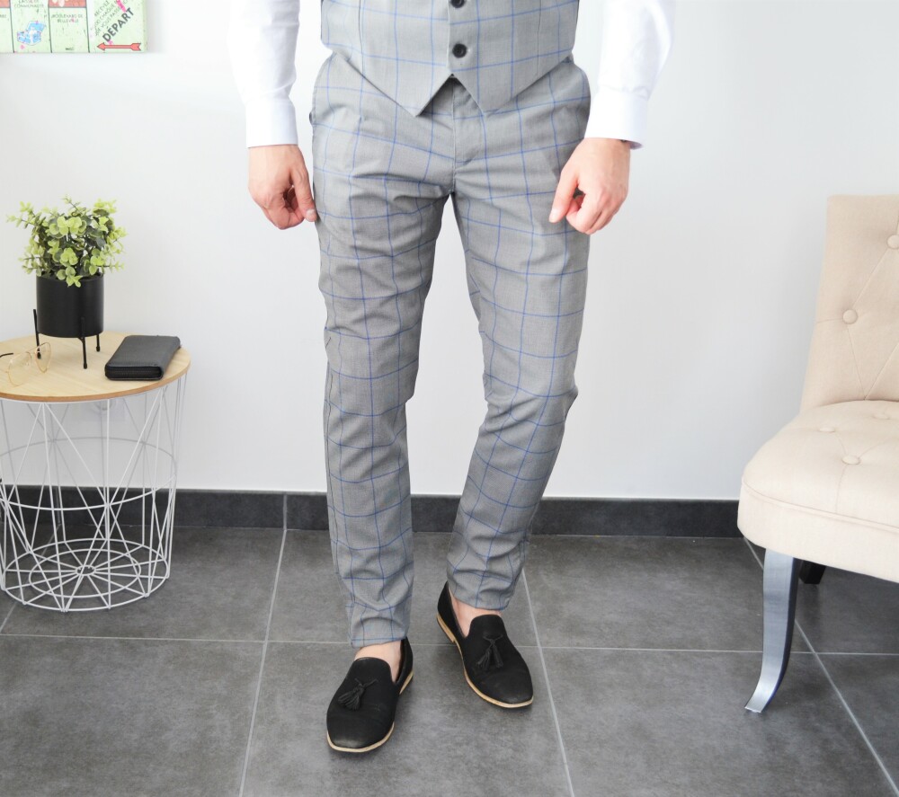 Pantalon chic slim gris à carreaux