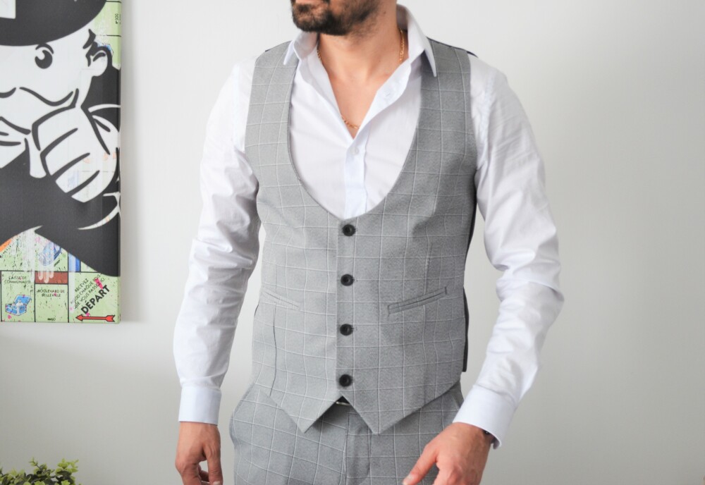 Gilet chic slim gris à carreaux