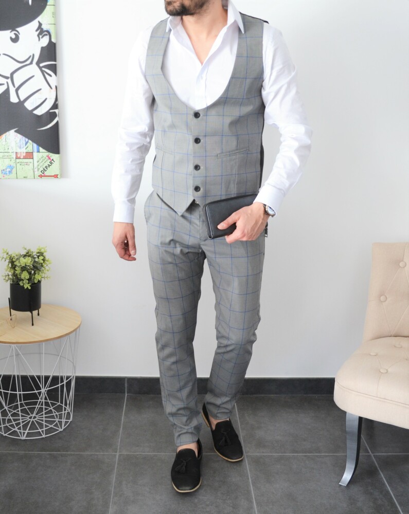 Gilet chic slim gris à carreaux