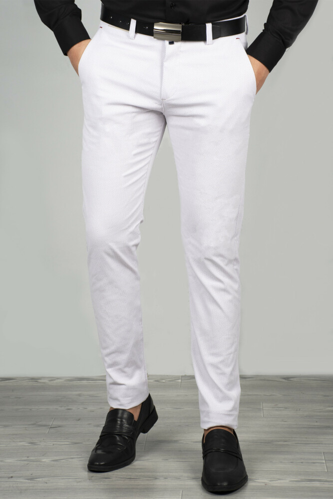 Pantalon slim blanc à petit motifs