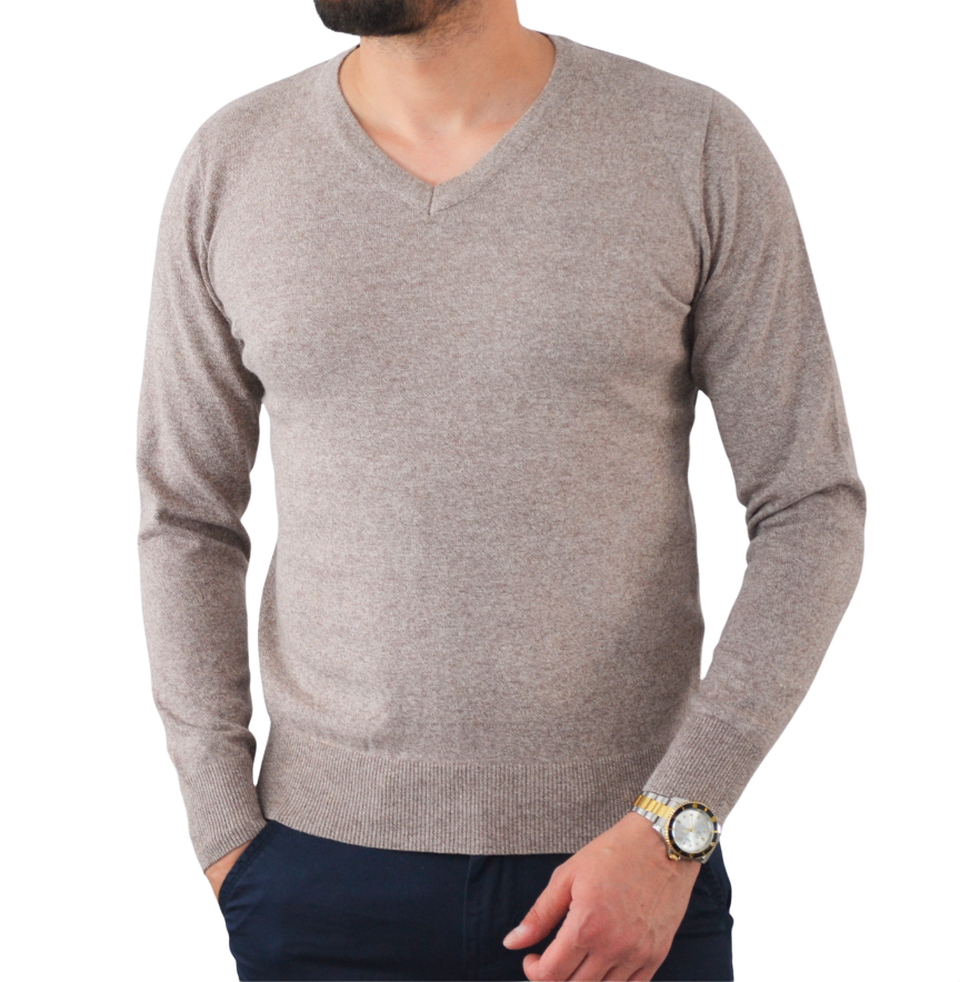 Pull beige chiné col V