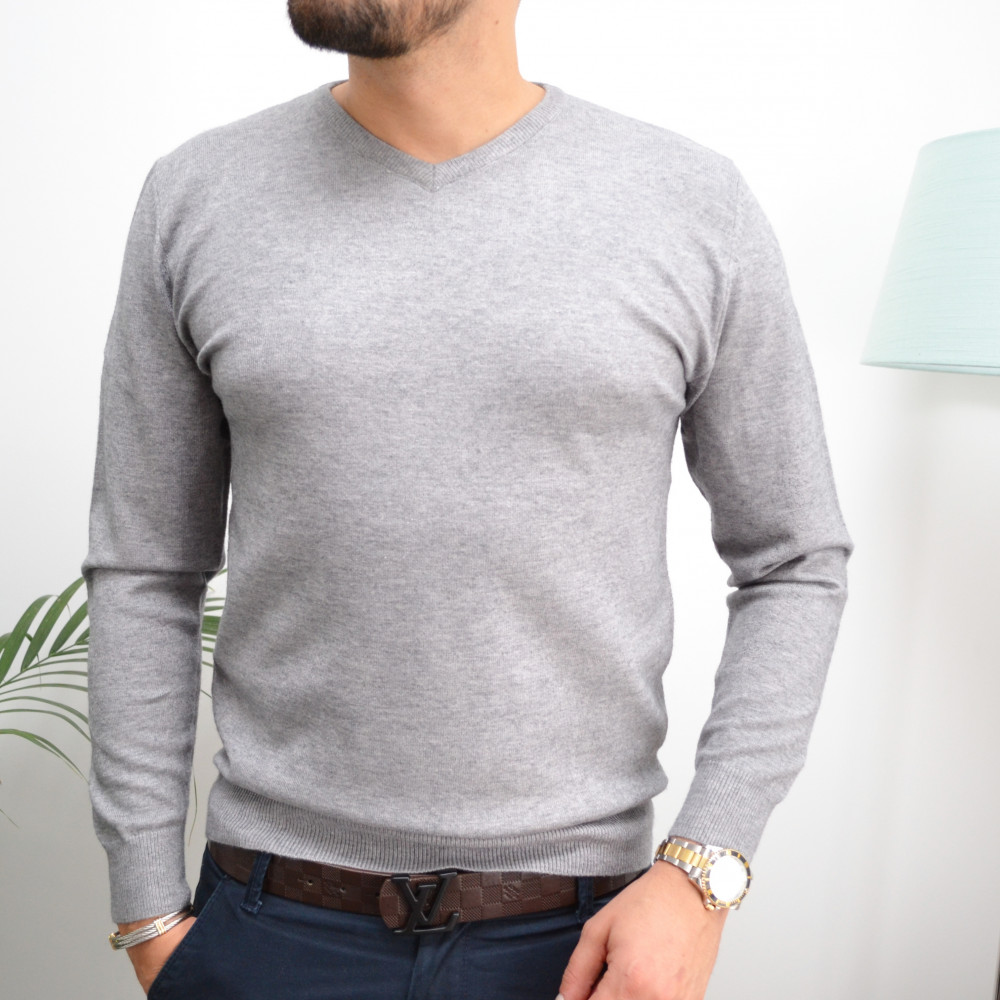 Pull gris col V basic slim