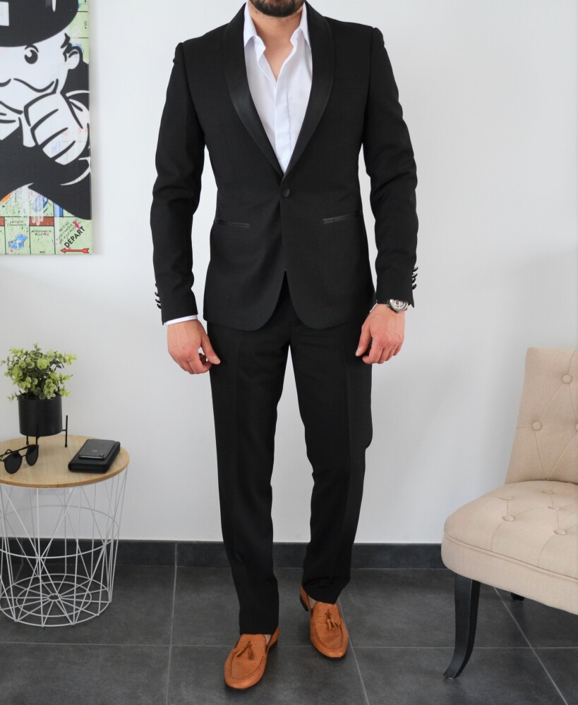 smoking homme noir slim fit 2 pieces avec col chale satin