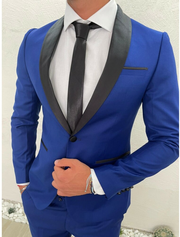 Costume bleu col chale revers noir