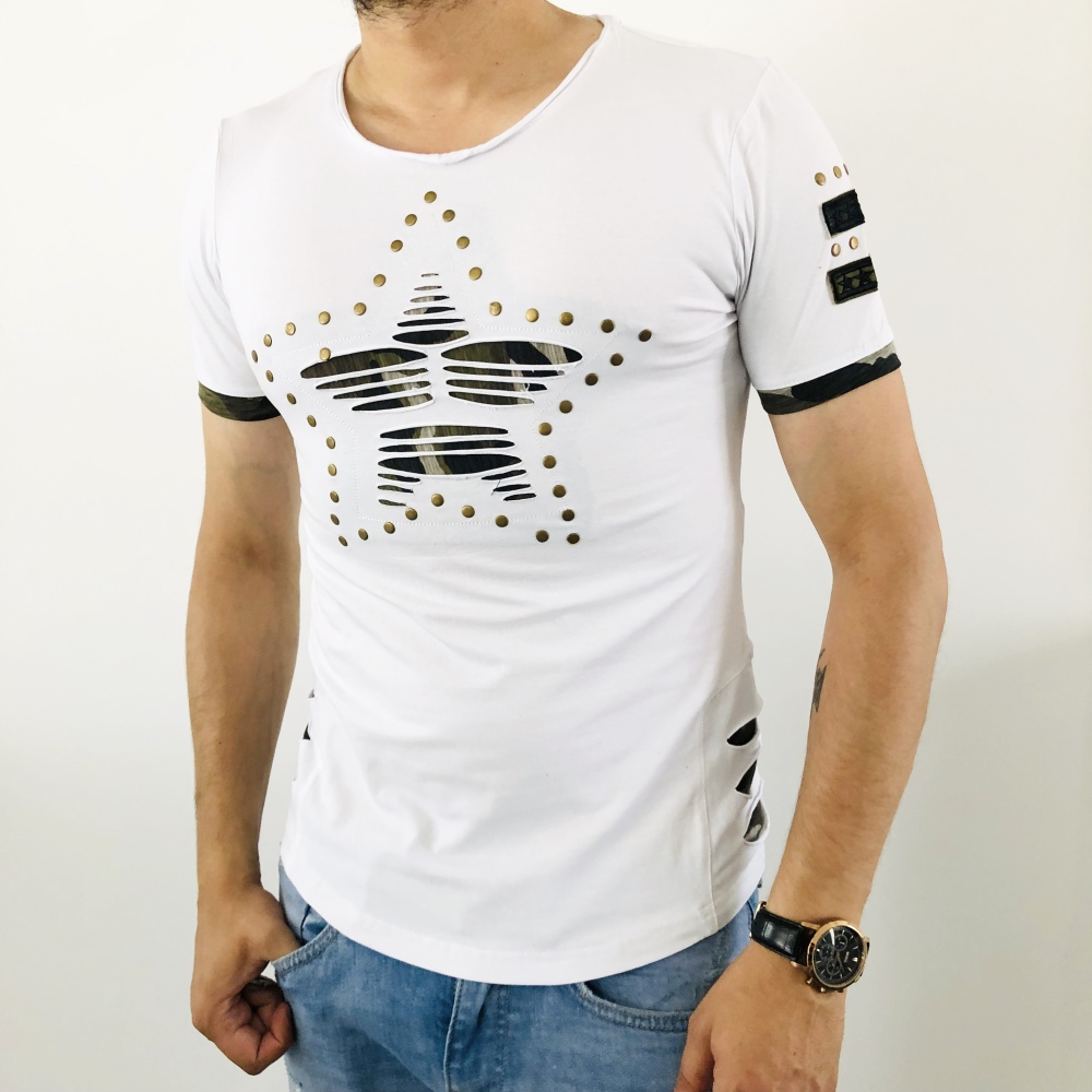 T-shirt homme fashion blanc destroy