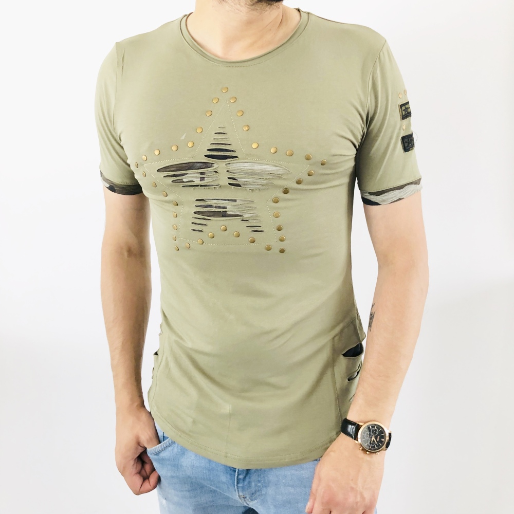 T-shirt homme fashion khaki destroy