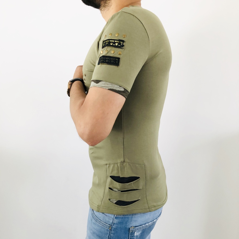 T-shirt homme fashion khaki destroy