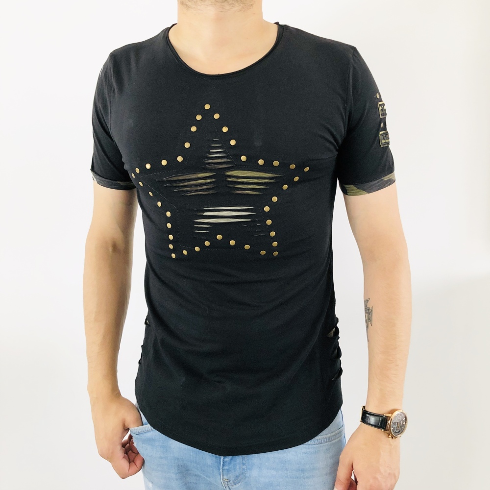 T shirt pour homme fashion ultra slim noir effet destroy