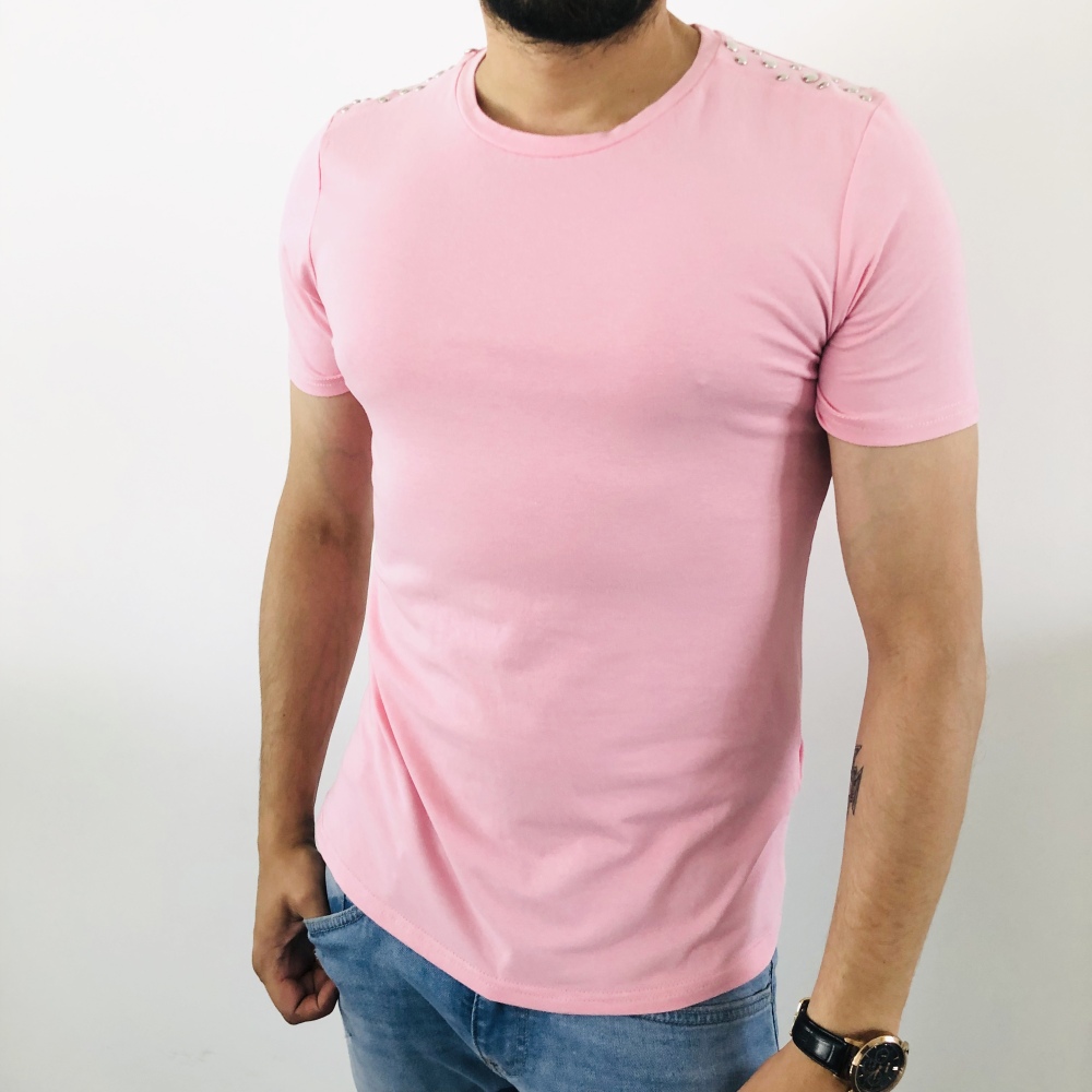 T-shirt homme fashion rose avec clous