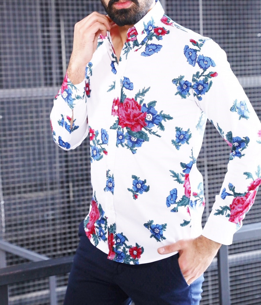 chemise homme blanche slim a fleurs